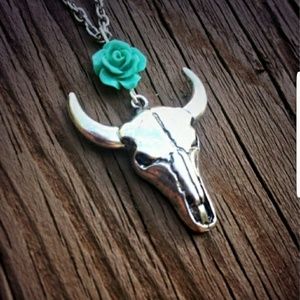 Wild West Cowgirl Skull Necklace (dark blue rose)